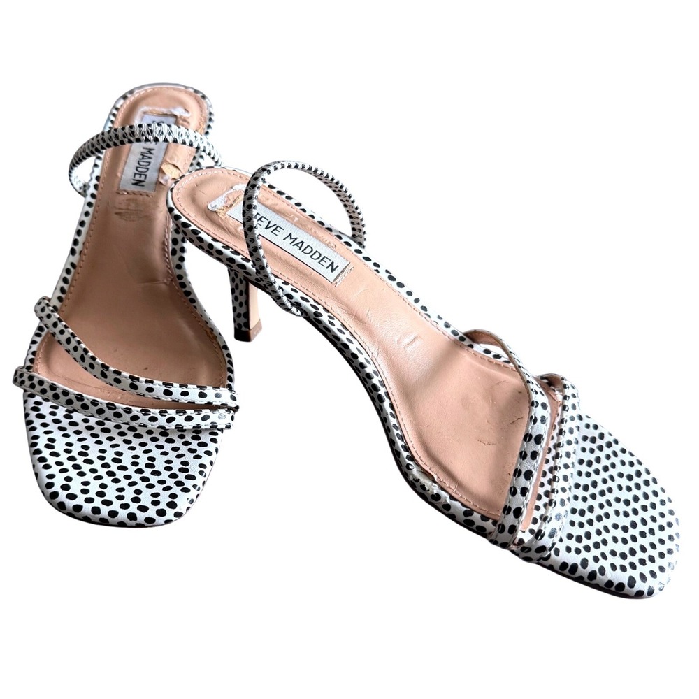 Steve Madden Kitten Heel Polka Dot Strappy Sandals Square Toe Loft Black White 6